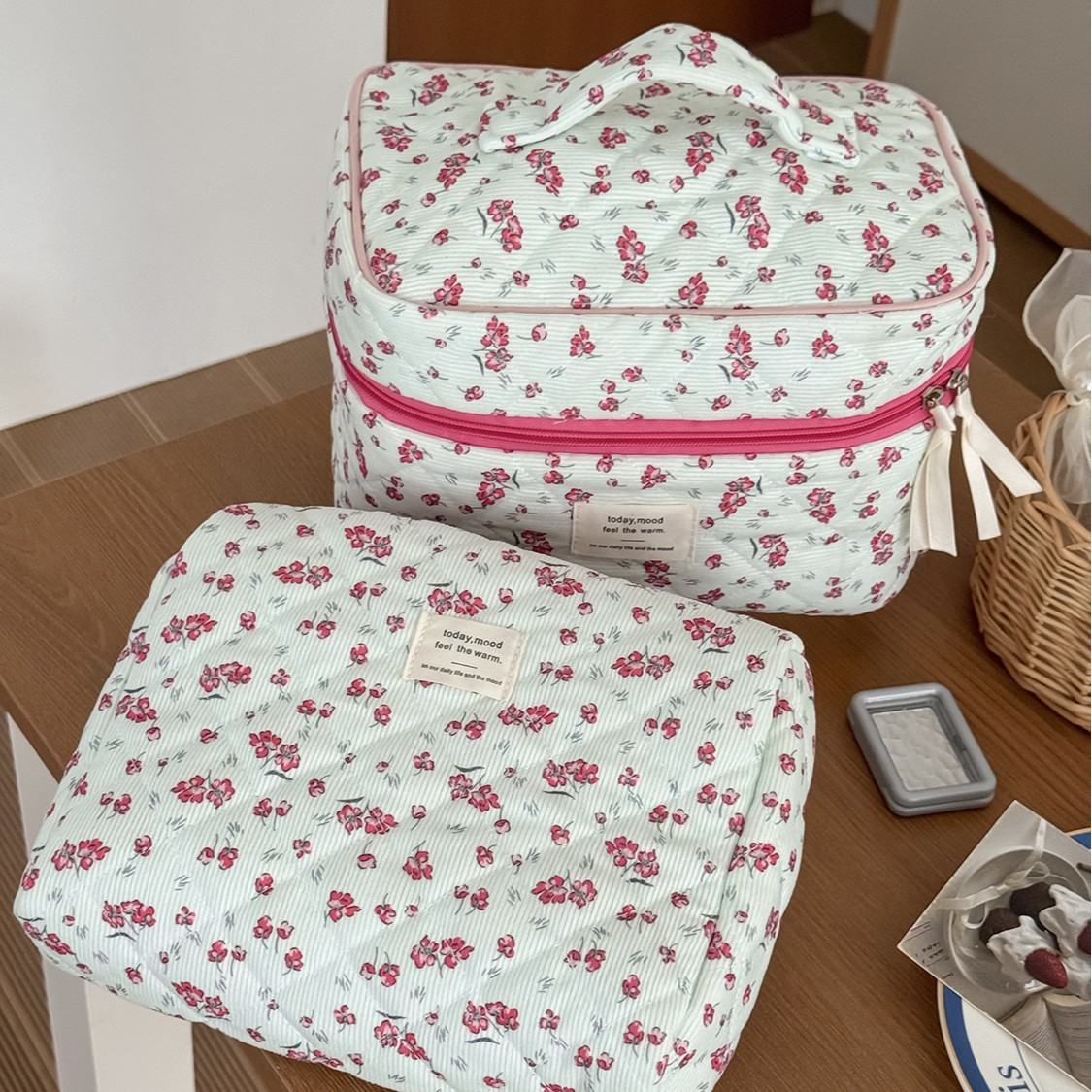 New Corduroy Green Floral Makeup Bag