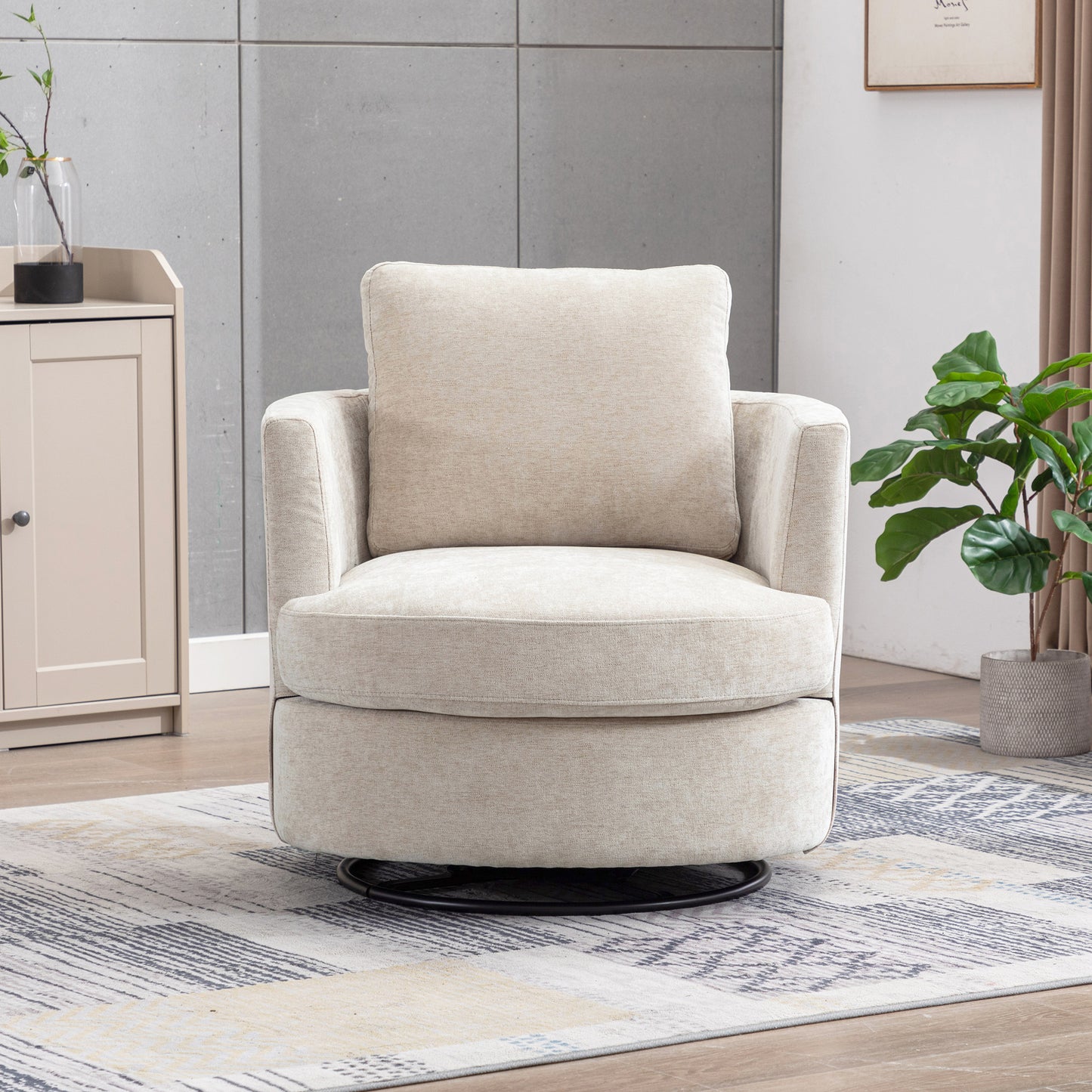 31.9 W Chenille Swivel Accent Barrel Chair And Comfy Round Accent Sofa Chair For Living Room, 360 Degree Club Chair, Leisure Arm Chair For Nursery Bedroom Living Room Lounge Hotel Office  Beige