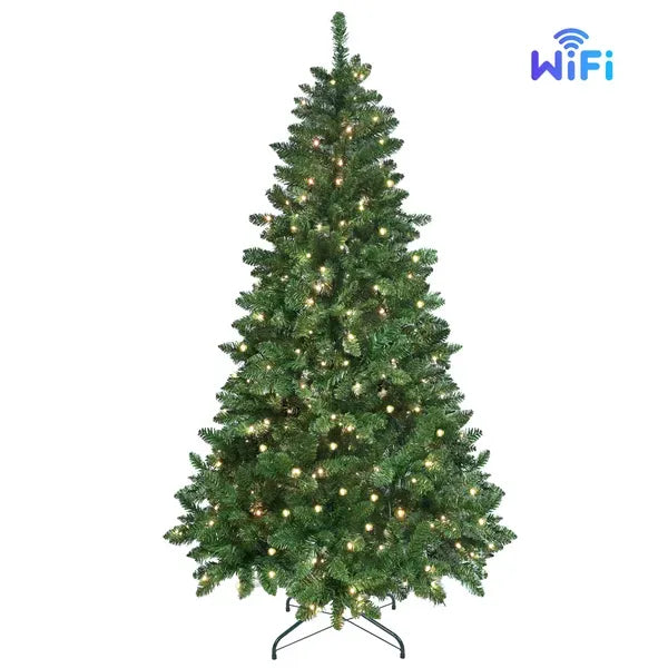 Artificial 9ft Green RGB-lit Christmas Tree With 1721PVC Mixed Branch Tips,Hinged Premium & Foldable Base For Indoor Holiday Decorating