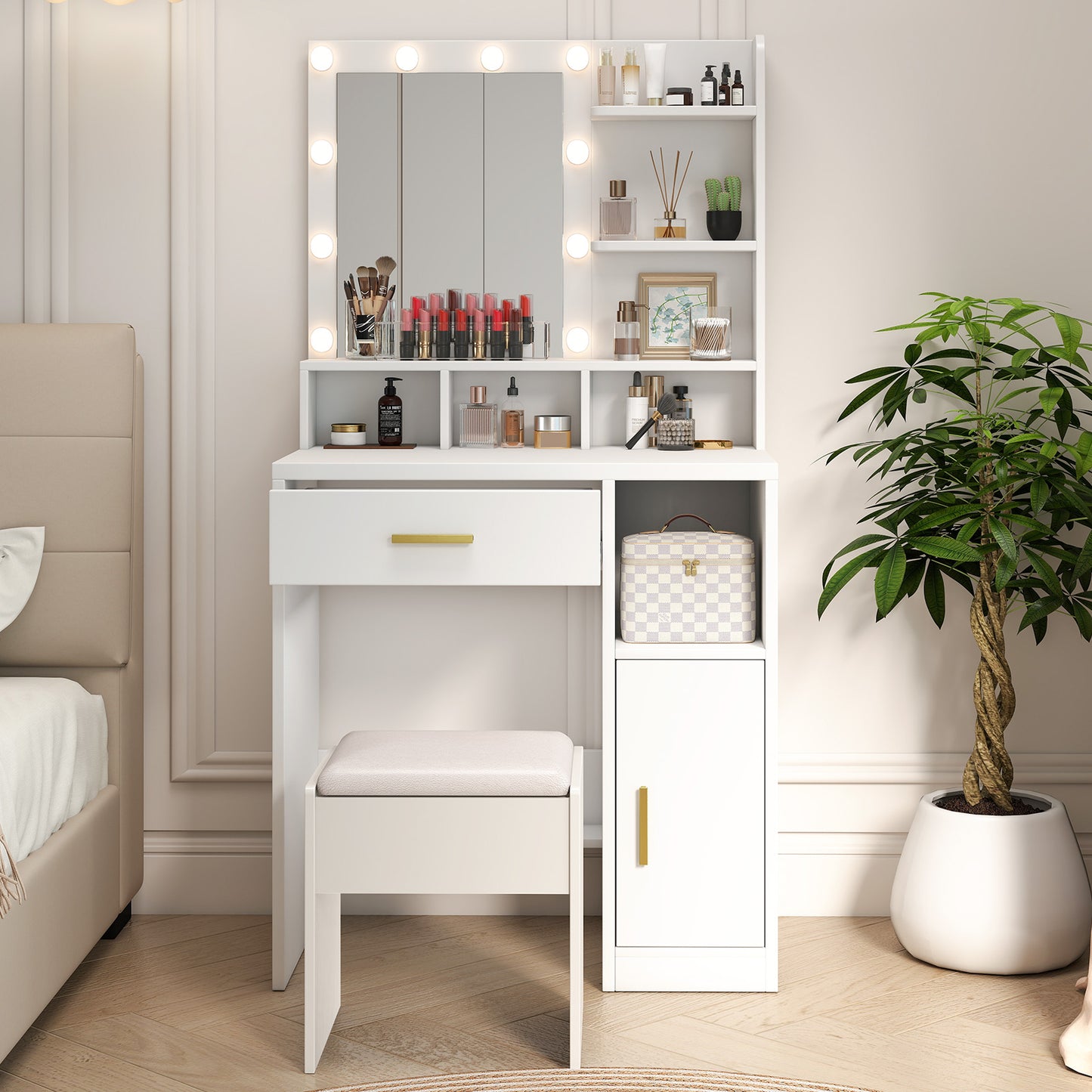Vanity Desk With Mirror Makeup Desk With 10 Dimmable Bulbs Drawers Cabinet Shelves Stool 3 Color Adjustable Lighting For Dressing Room