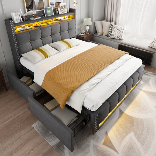 Upholstered Bed 160x200 Cm With LED Lighting And USB Socket, Headboard With Shelves And Storage Space With 4 Drawers, Double Bed For Adults, Linen Fabric Grey