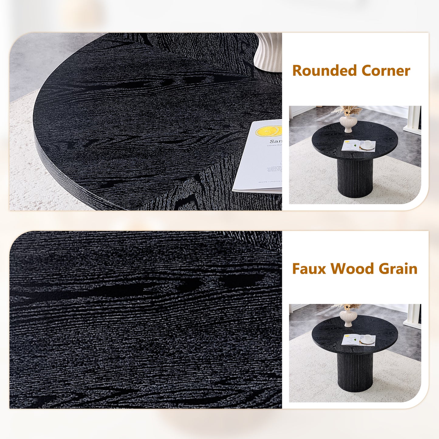 A Modern Spliced Circular Dining Table With A Diameter Of 42 Inches, Featuring Black Wood Color Textures Fan-shaped Diagonal Color Splicing Board Design, Interpreting Home Aesthetics And Practicality.