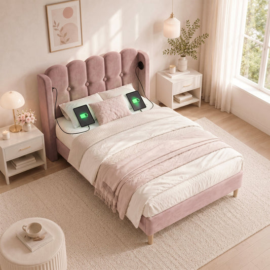 Upholstered Single Bed With USB And Type-C Charging, 3FT Bed Frame With Wooden Slatted Frame, Teenager Bed For Bedroom & Guest Room, 90 X 190 Cm, Pink, Velvet   No Mattress  .