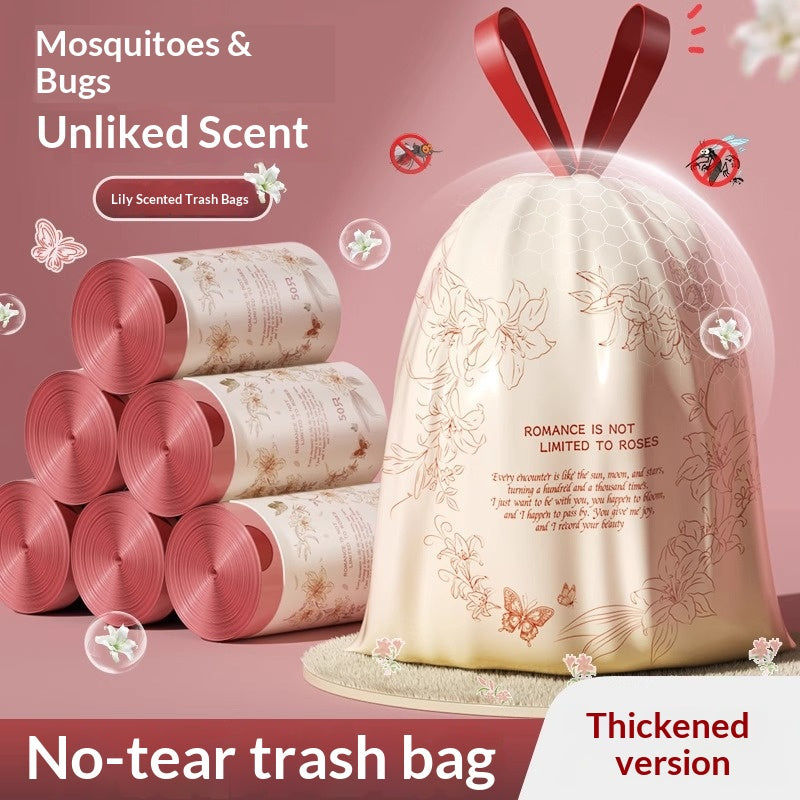 Extra Thick Lily Scented Drawstring Garbage Bags, Heavy Duty For Kitchen & Bathroom, Easy Tear-off Plastic Trash Bags With Long-lasting Fragrance