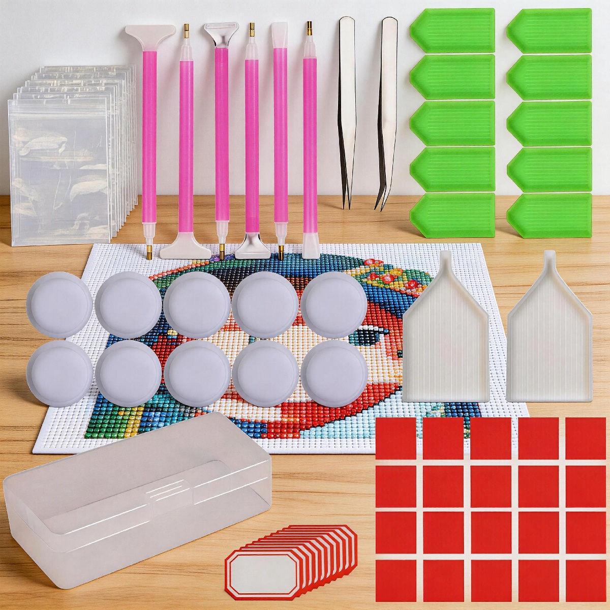 Diamond Painting Kit With Adhesive Dots, Pens, 20 Adhesive Dots, 12 Diamond Trays, 2 Metal Tweezers, 20 Mini Bags, 40 Labels, Storage Box—Craft Supplies