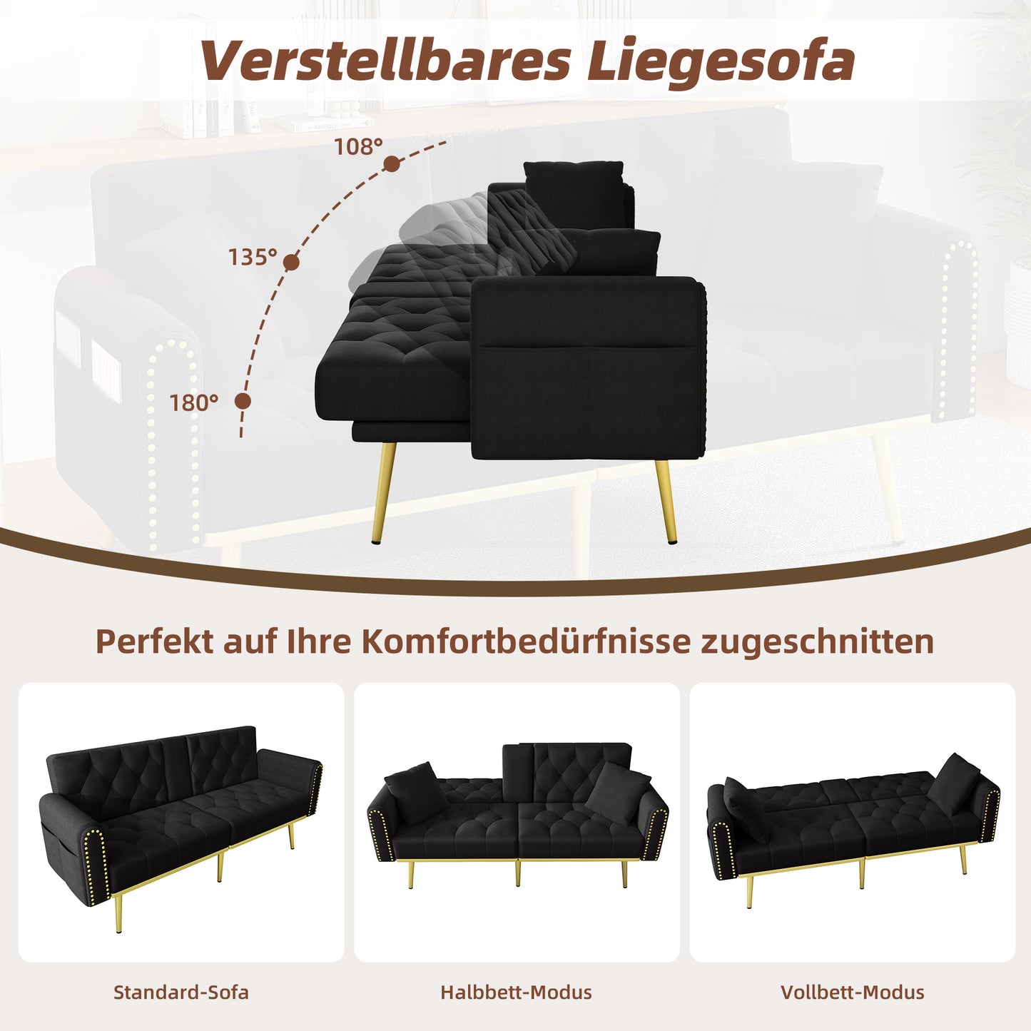 Double Fold Out Sofa Bed With Reclining Function, Three Adjustable Tilt Angles And Cup Holder. Suitable For Living Room, Bedroom, Home Theater Or Guest Room. Fabric Cover. Black