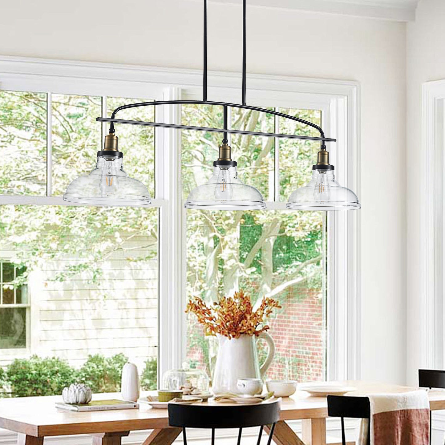 45  Industrial 3-Light Pendant Chandelier With Clear Glass Shades, Black Metal Frame, Adjustable Height, Modern Farmhouse Lighting For Kitchen Island, Dining Room, Or Living Room Bulb Not Included