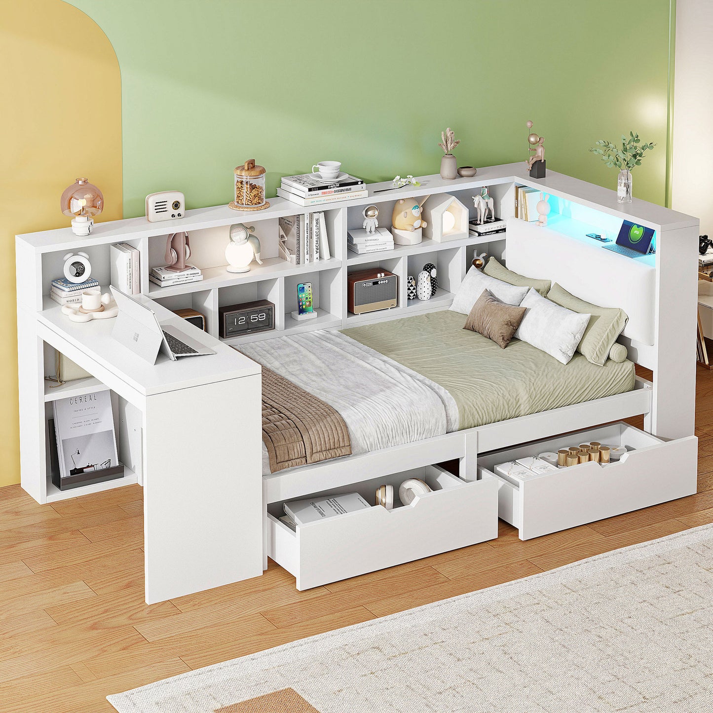 90x200 L-Shaped Wooden Platform Bed With Desk And Bookcase, Corner Captain's Bed With Upholstered Headboard, Under-Bed Drawers, LED Light - White