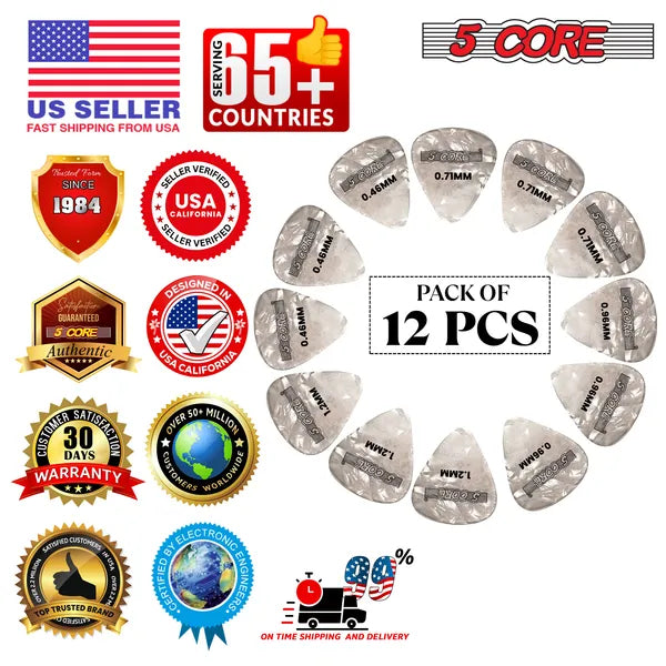 5 Core Guitar Picks 12 Piece Celluloid Light Medium Heavy Extra Heavy For Acoustic Electric Guitars