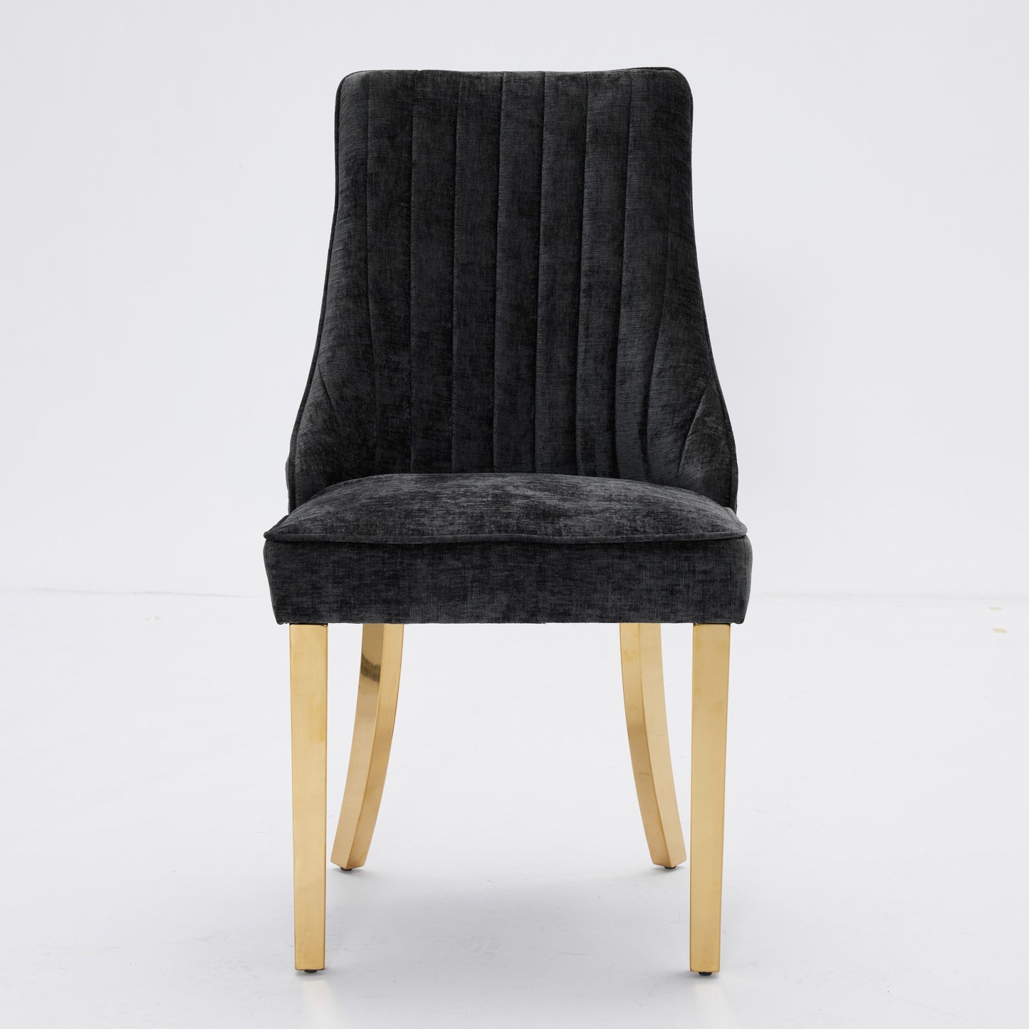Rayon Cloth Flocking Chenille Dining Chairs Channel Kitchen Dinner Chair Comfy Fabric Upholstered Accent Chair For Dining Room With Golden Stainless Steel Plating Legs,Set Of 2  Black , DE1647BK