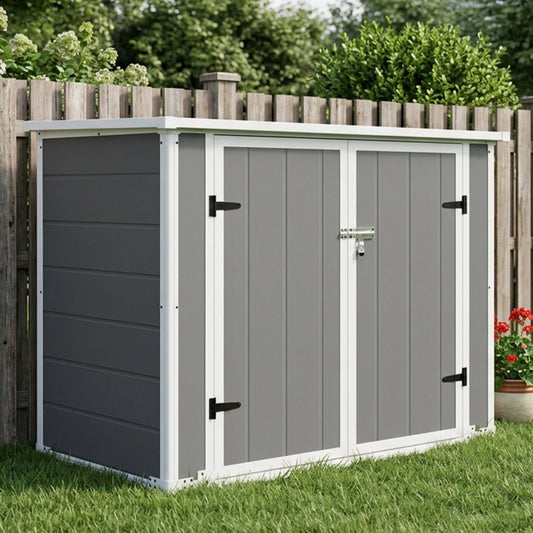 Horizontal Outdoor Storage Shed with Ramp & Hydraulic Lid, Lockable Waterproof Storage Cabinet for Trash Cans, Tools & Firewood
