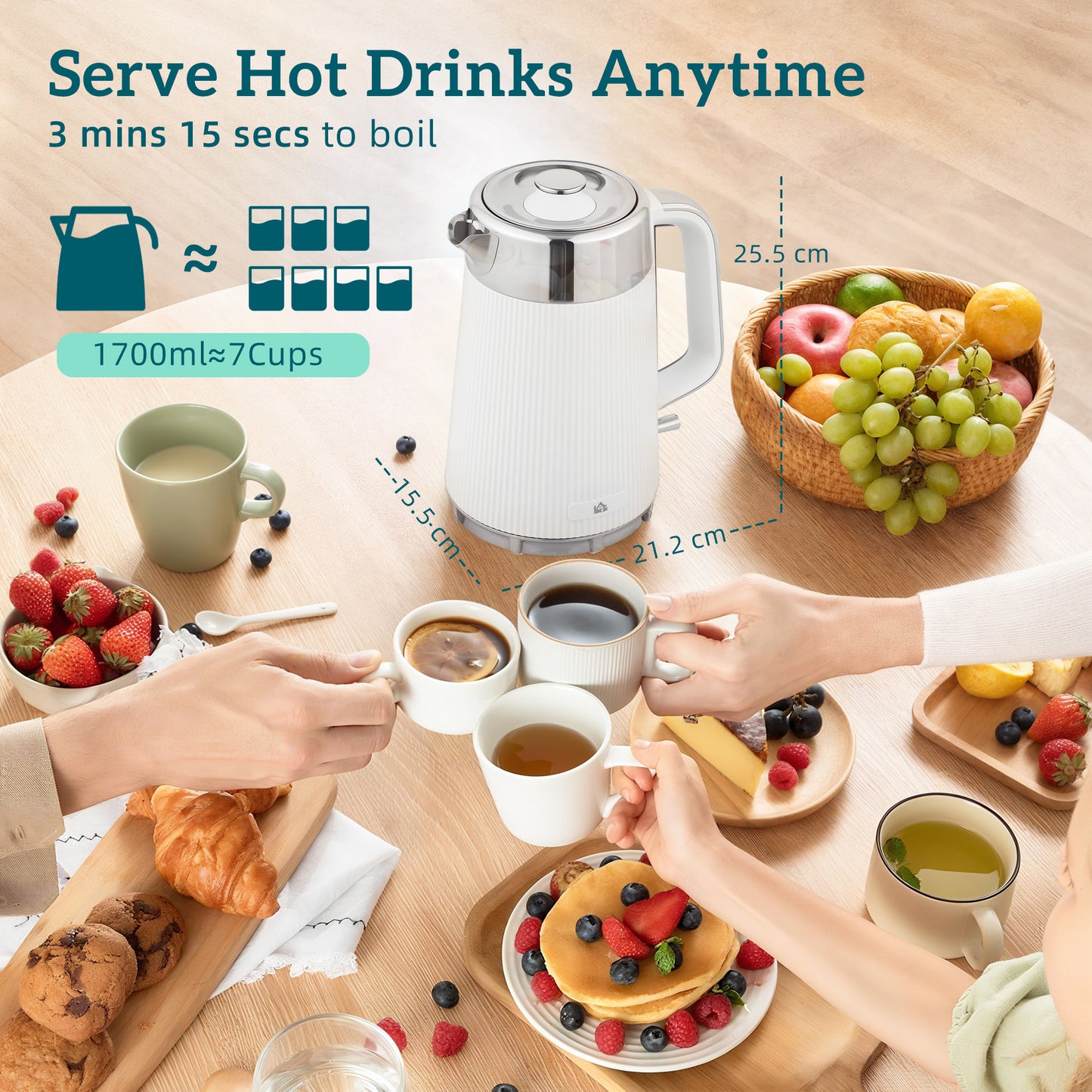 Electric Stainless Steel Kettle And Toaster Set, 3000W 1.7L UK Strix Thermostat Fast Boil Kettle W/ Limescale Filter, Cool Touch Body, 4 Slice Toaster With 7 Browning Levels, Crumb Tray, White