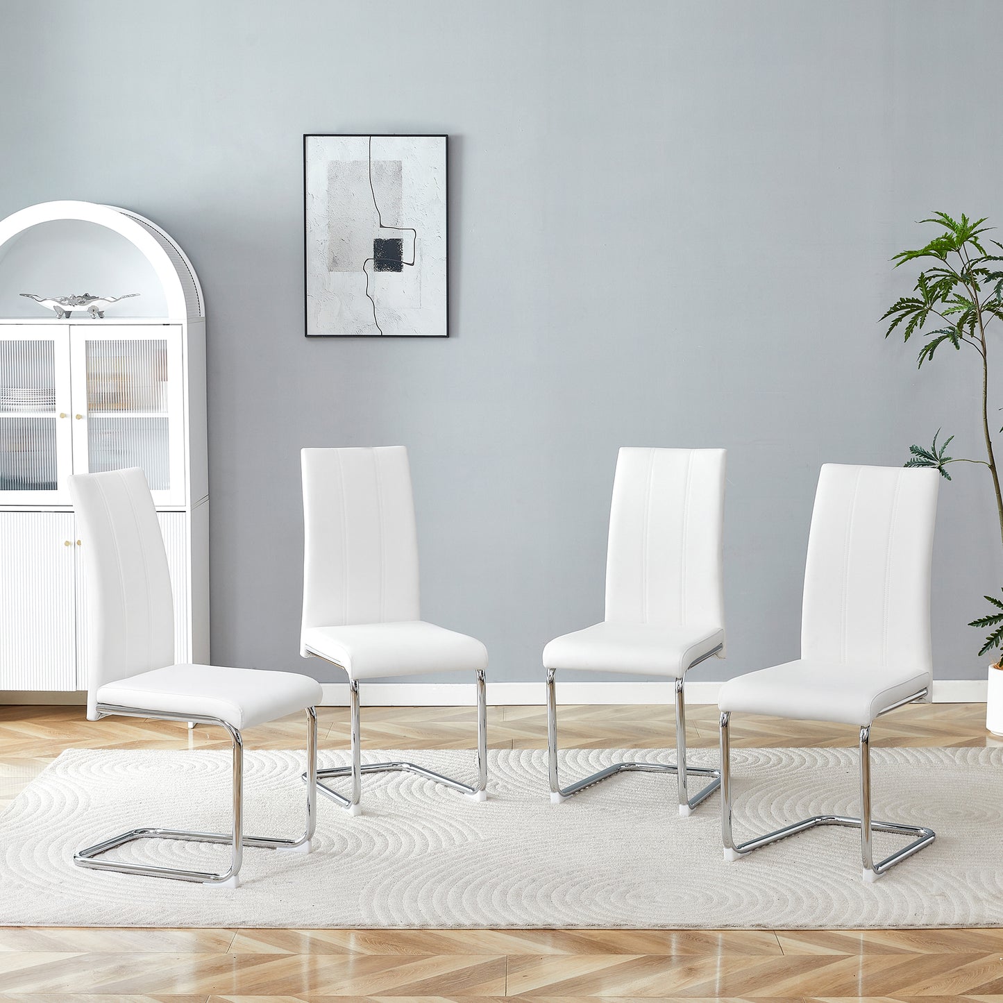 4-Pack White PU Upholstered Dining Chairs - Modern High-Back Side Chairs With Sturdy Chrome-Plated Iron Tube Legs For Dining Room, Kitchen & Living Room