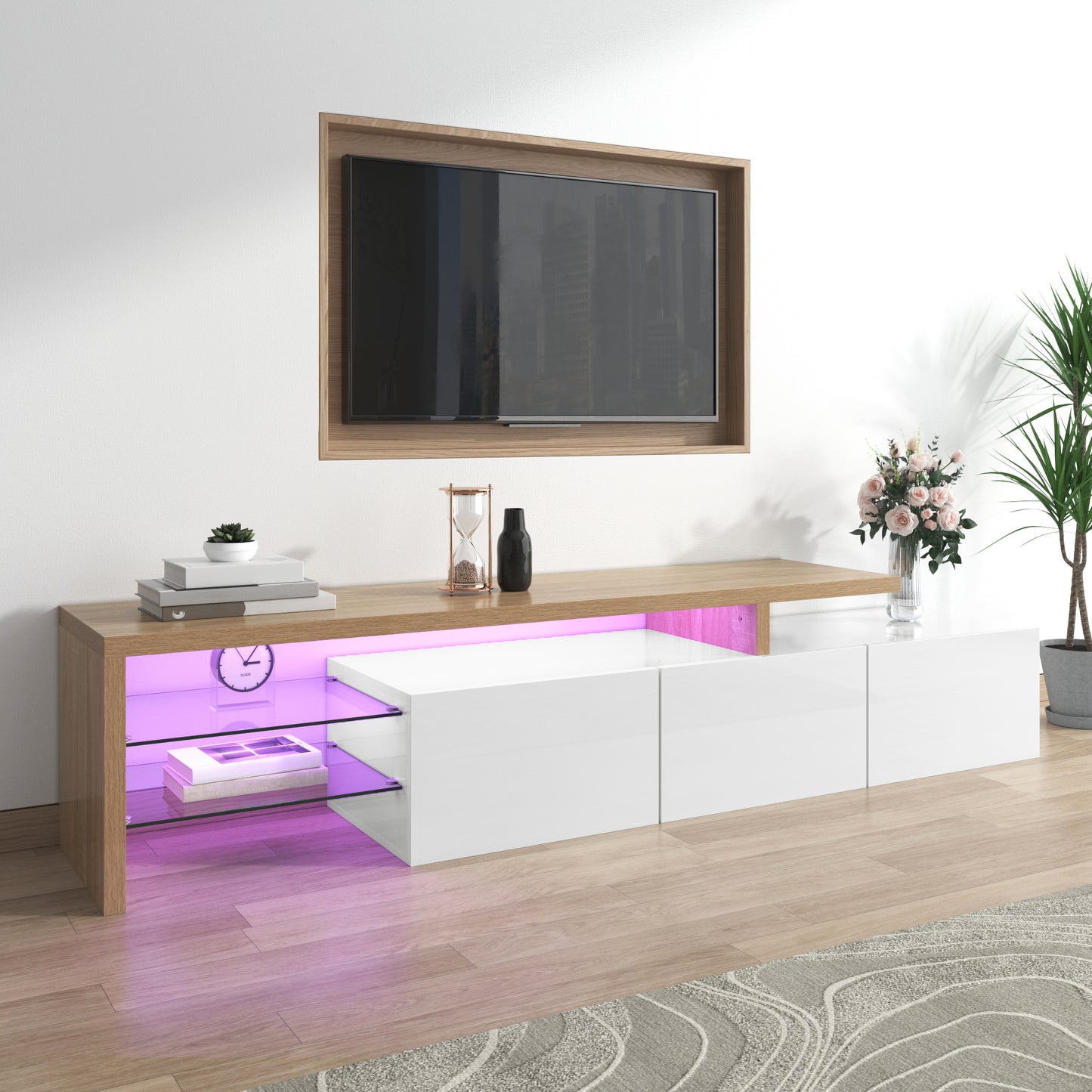Modern TV Cabinet Design Stylish Elegance, Practical Storage Space, High-gloss White, Wood Look, Glass Shelves, LED Lighting