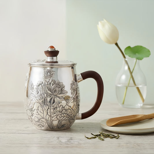 925 Sterling Silver Hand-Engraved Sterling Silver Lotus Tea Mug with Wooden Handle and Carnelian Lid Inlay - Handicraft