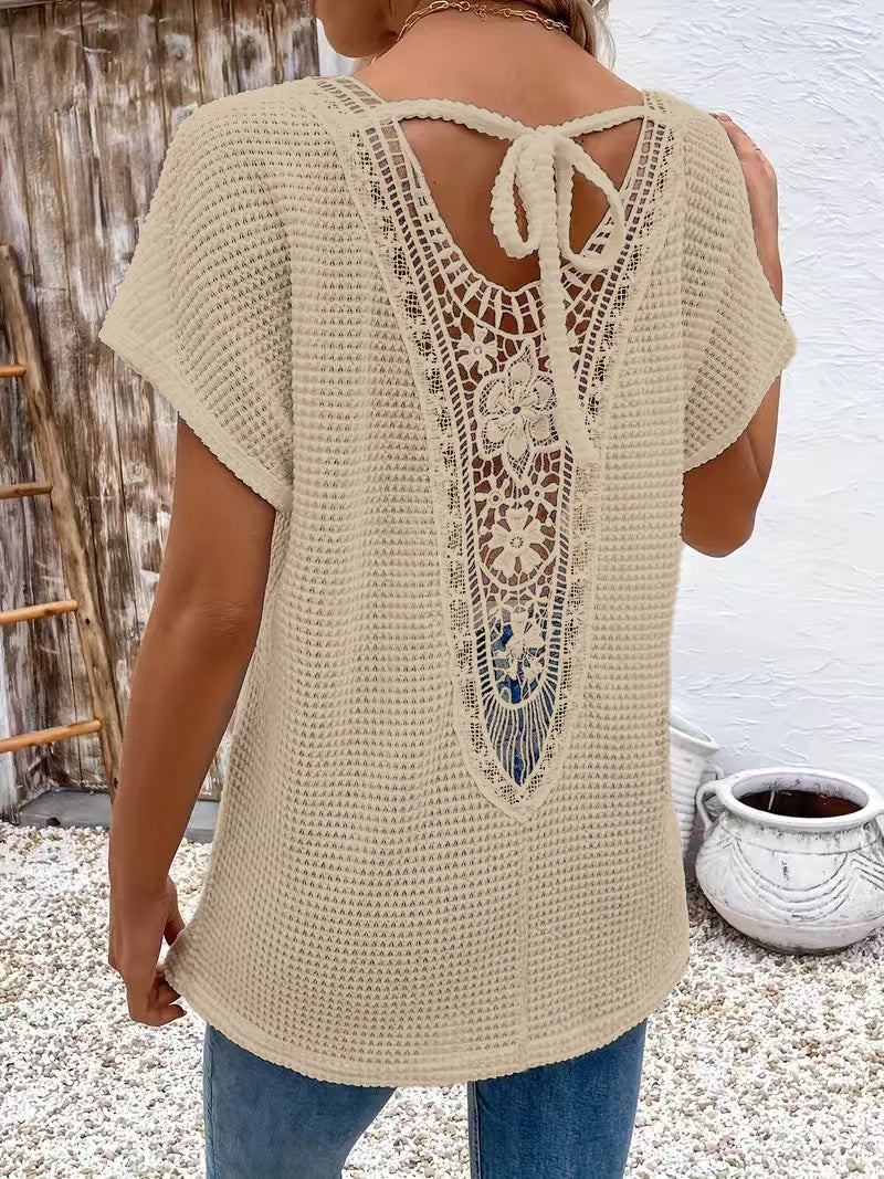 Womens Lace-Panel V-Neck Fashion T-Shirt