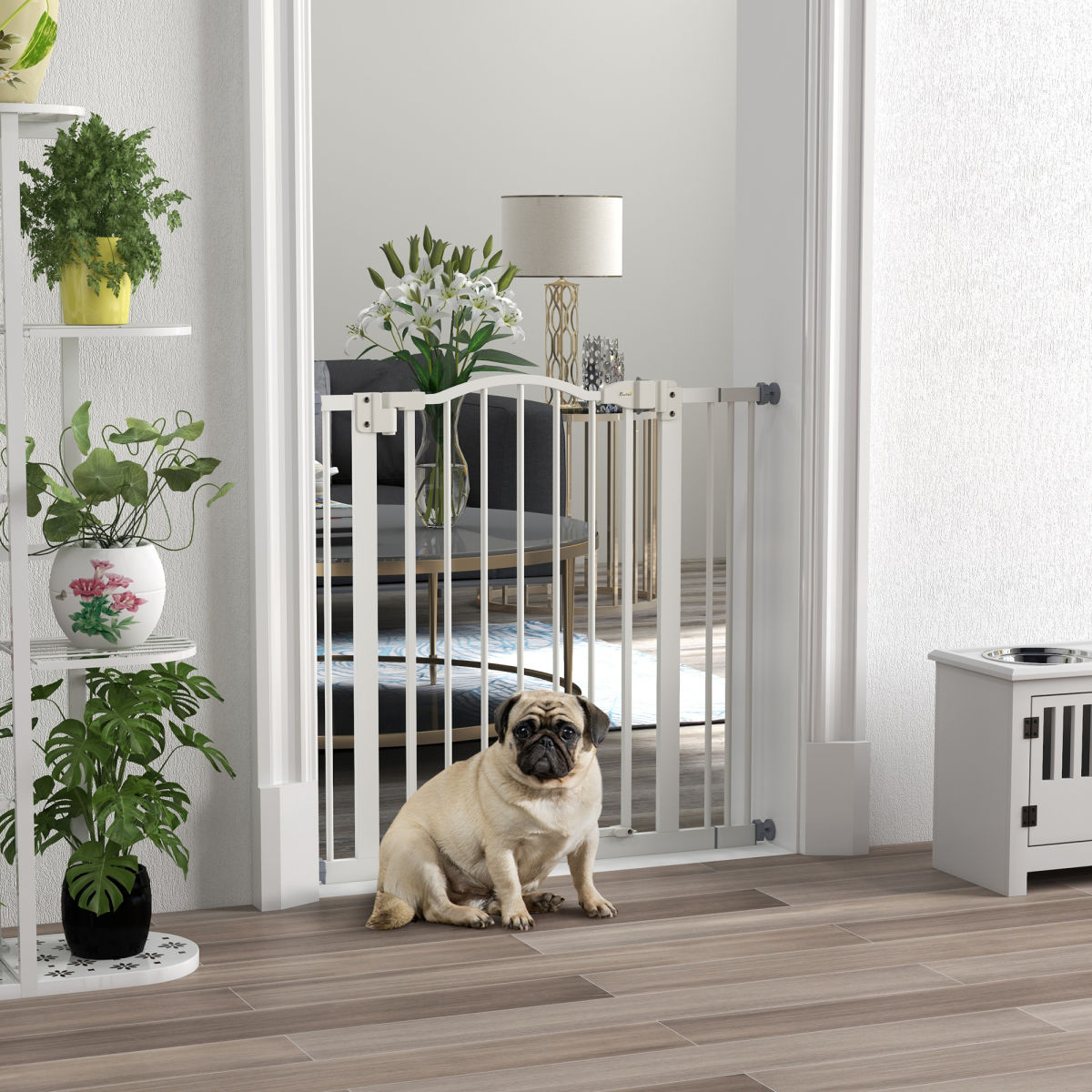 PawHut Metal 74-87cm Adjustable Pet Gate Safety Barrier W/ Auto-Close Door White