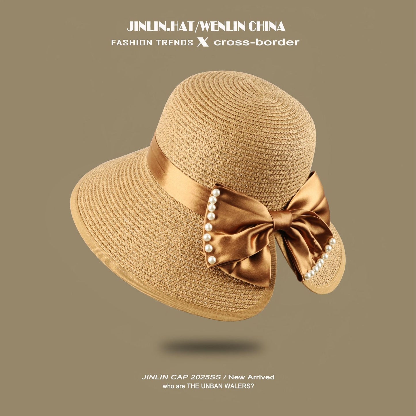 Split-front Straw Hat With Pearl Trim Korean Style Sun-protective