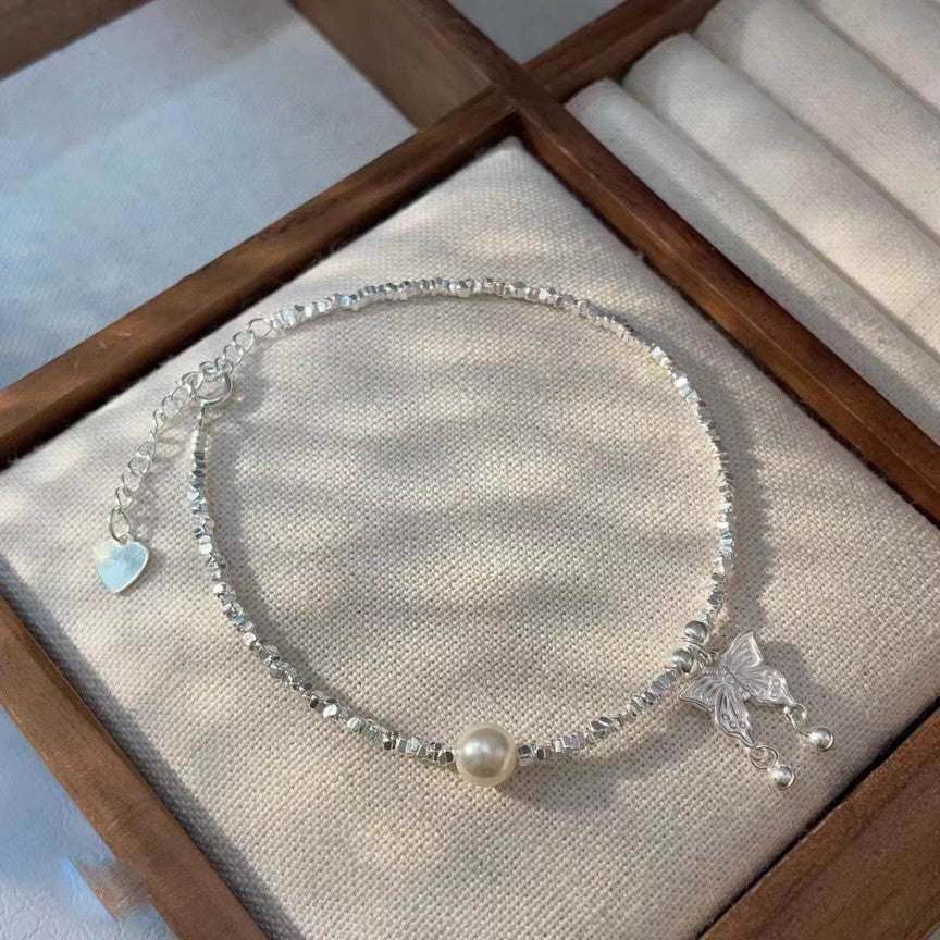 1pc 999 Sterling Silver Butterfly & Pearl Bracelet, Delicate Style, Perfect For Daily Wear And Valentine's Gift