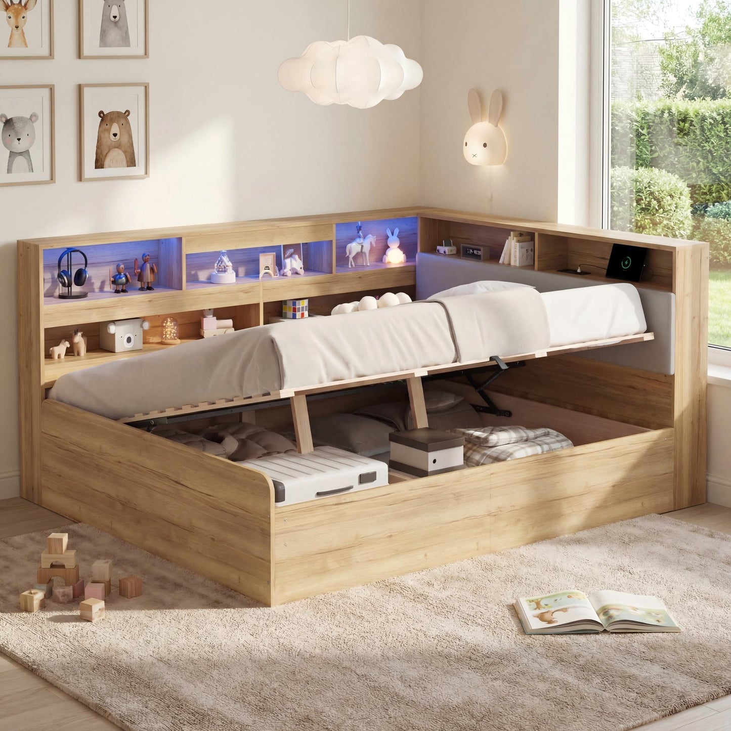 Daybed, Hydraulic Storage Bed, Children's Bed   135x190 Cm  , Wooden Bed, Youth Bed, With USB Charging Station And LED Lighting, Natural Color