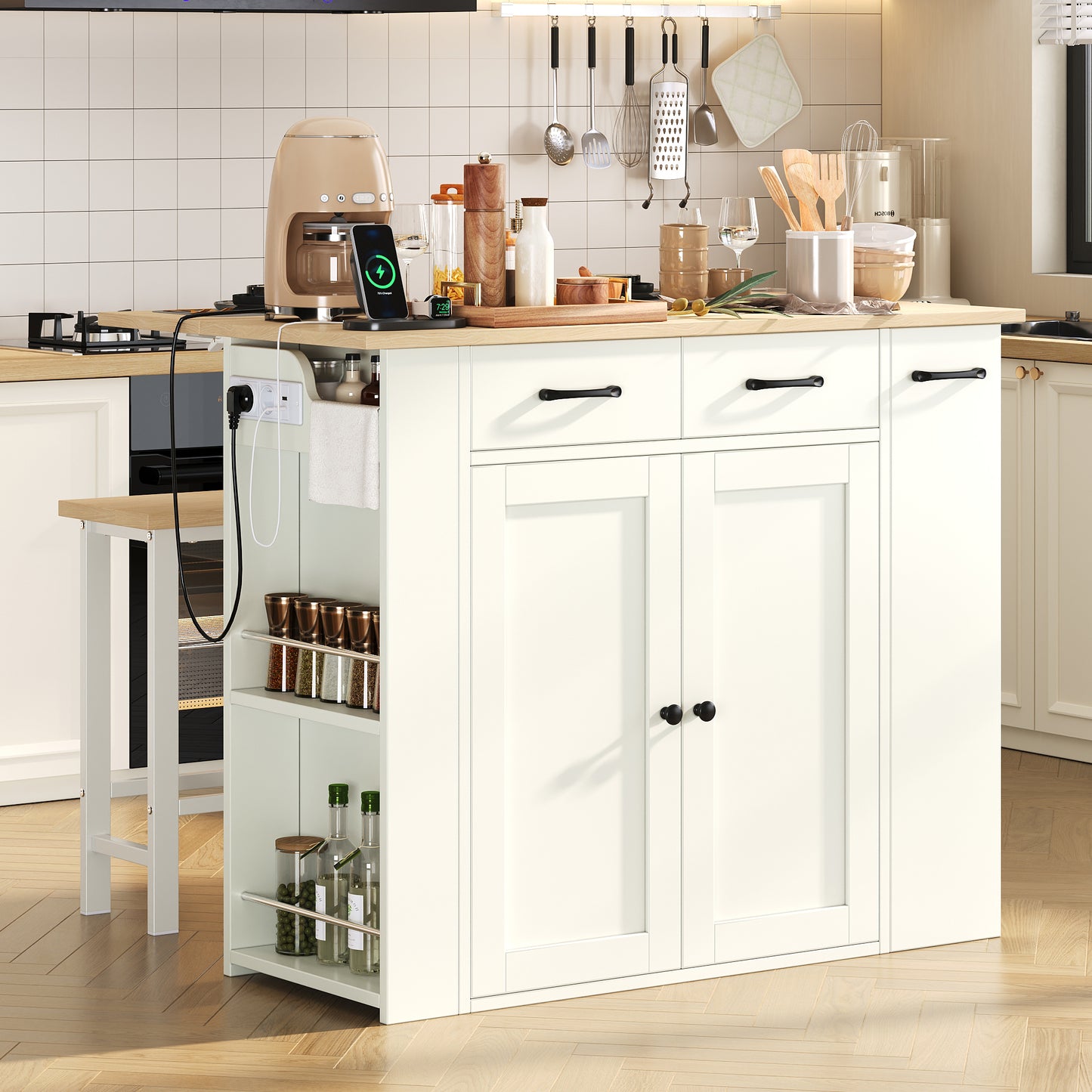 Pull-out Dining Area Kitchen Island With Adjustable Shelves And Drawers, Kitchen Island With Power Strips And Two Chairs, Ideal For Kitchen And Dining Room White