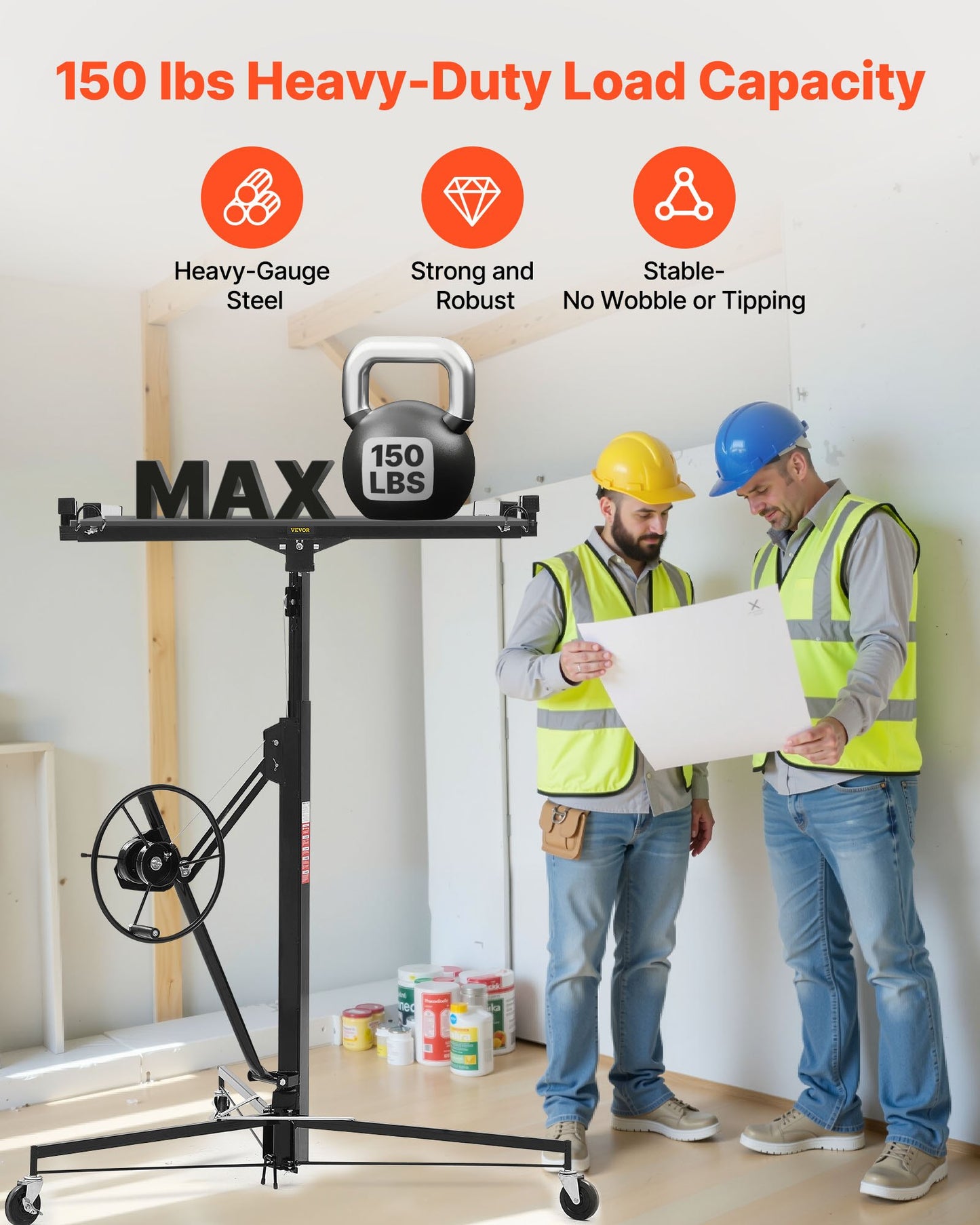 11ft Drywall Lift, Heavy-Duty 150 Lbs Sheetrock Hoist With Adjustable Telescoping Arm, Lockable Wheels, Drywall Lifter Panel Jack Hoist Tools Ideal For Ceiling & Wall Installation (Black)