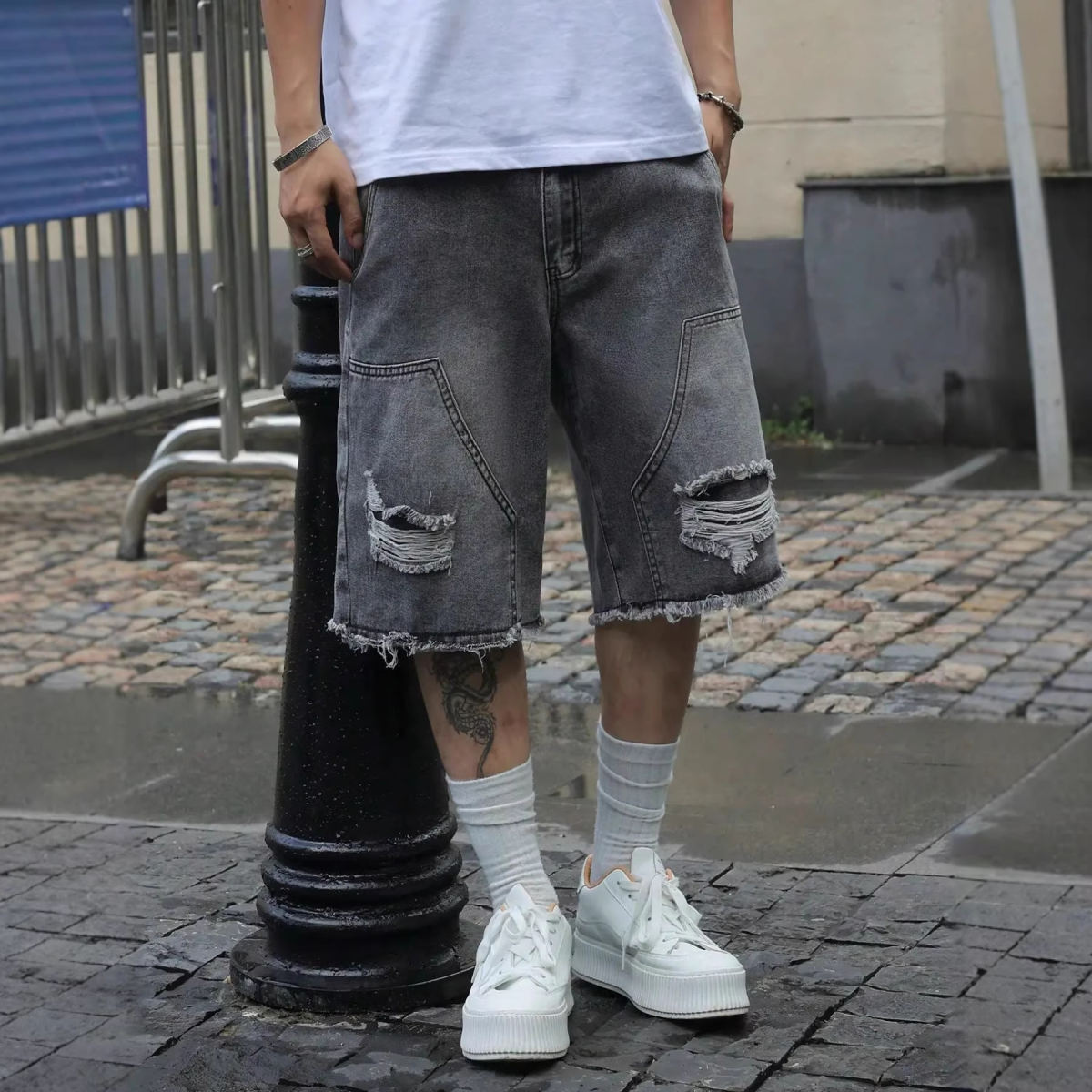 Mens Denim Shorts Straight-leg Relaxed Fit Versatile Korean Style