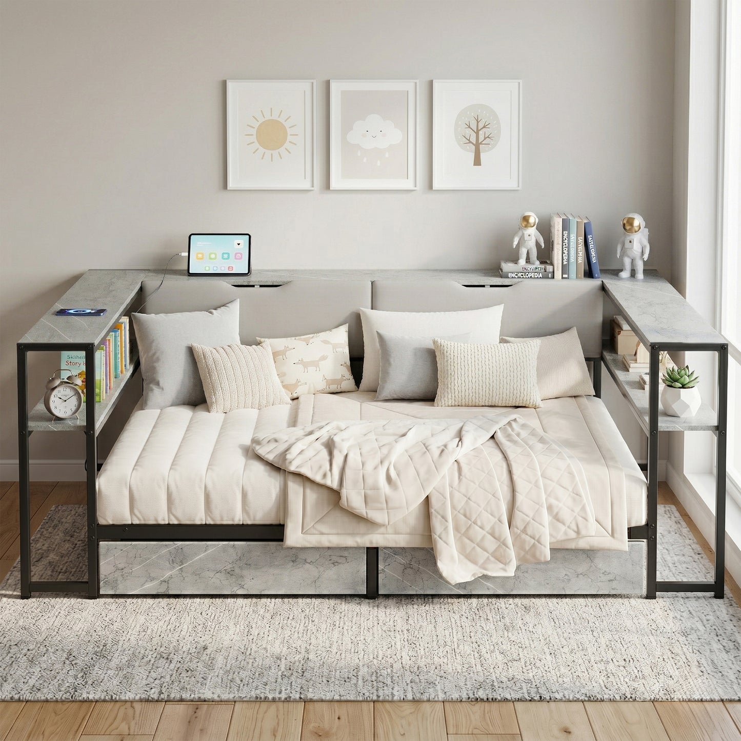 Upholstered Bed Sofa Bed Daybed 140x200 With USB&Typec Charging Station, Daybed, Youth Bed With 2 Drawers And Metal Slatted Base, Concrete Colour