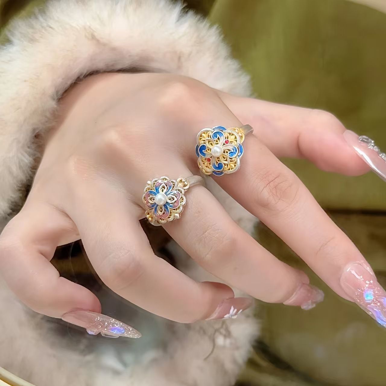 Gilded Floral Intangible Cultural Heritage Filigree Ring, Royal Blue Enamel Retro Open Ring, Skin-flattering, Fade Resistant, Best Gift