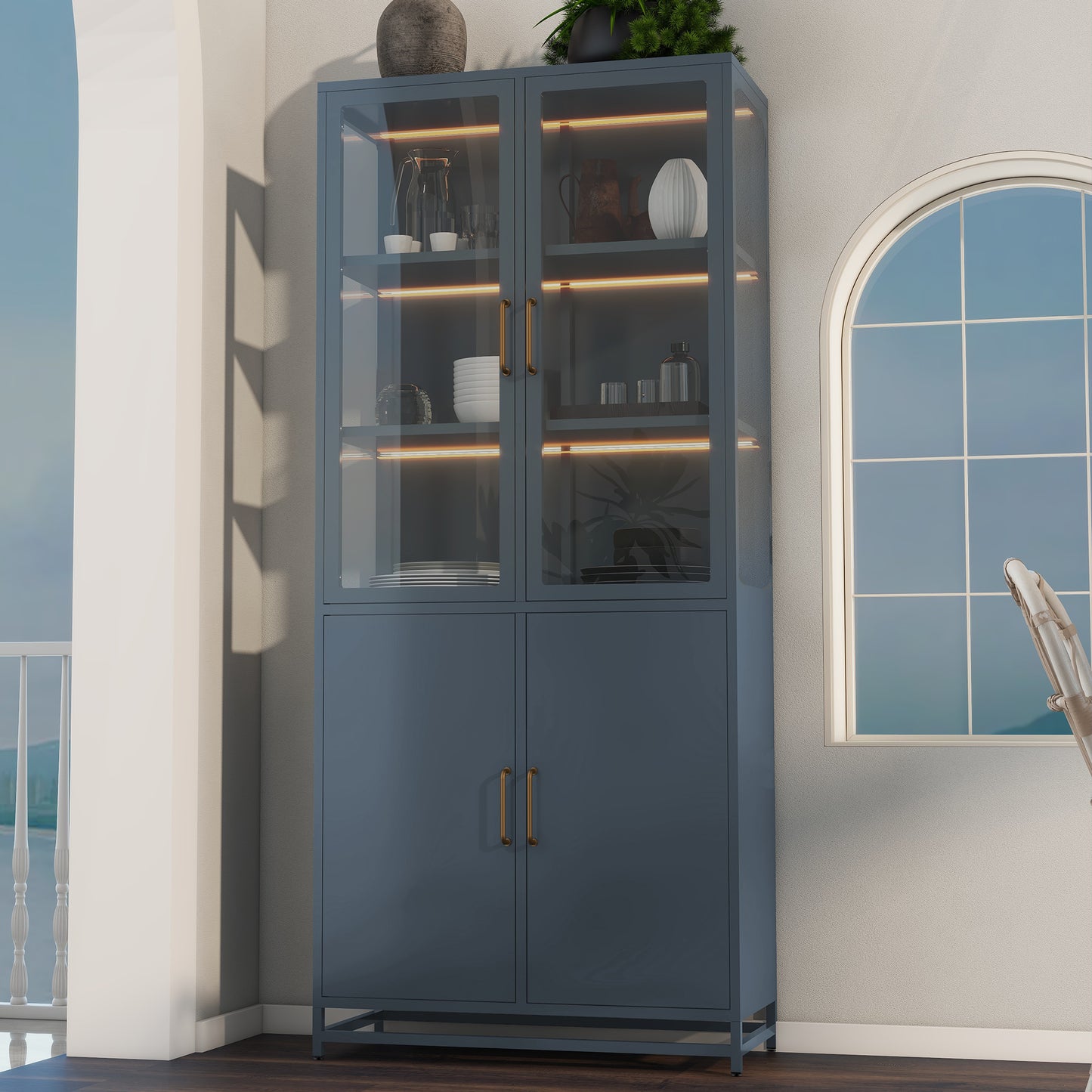 76.75  Tall Display Cabinet, With Glass Doors And LED Lights, Steel Curio Cabinet With 3-Sided Glass, Pantry Cabinet With Storage For Hallways, Livingroom Kitchen Home Decor & Office - Dark Blue