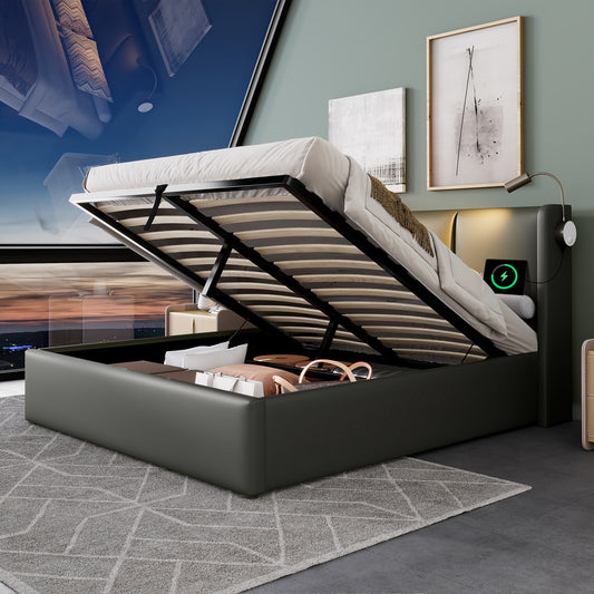 Upholstered Bed, Double Bed, Storage Box, Reading Light With Charging Function, Headboard, Storage Beds, Bed Frame, PU Youth Bed 160x200 With Slatted Base  Without Mattress
