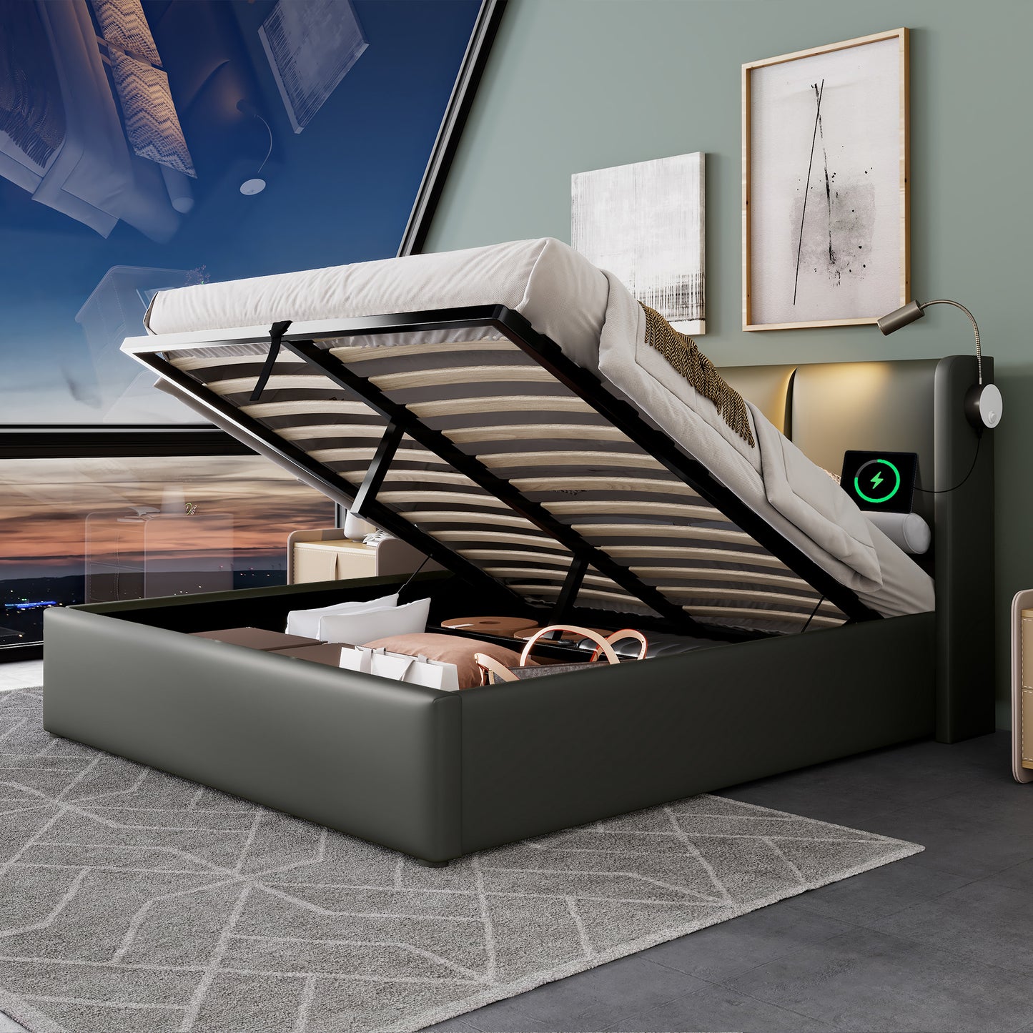 Upholstered Bed Double Bed Storage Bed Box Reading Light With USB Charging Function Headboard,Storage Beds Bed Frame PU Youth Bed 140x200 With Slatted Base  Without Mattress