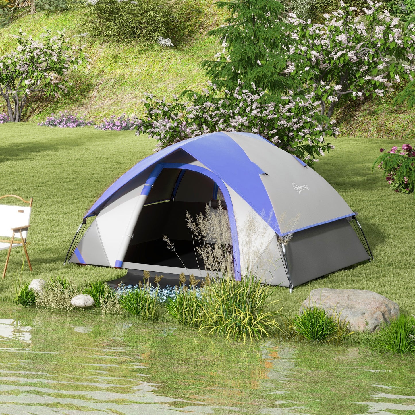 Two Man Single Room Dome Tent, With Accessories - Dark Blue/Grey