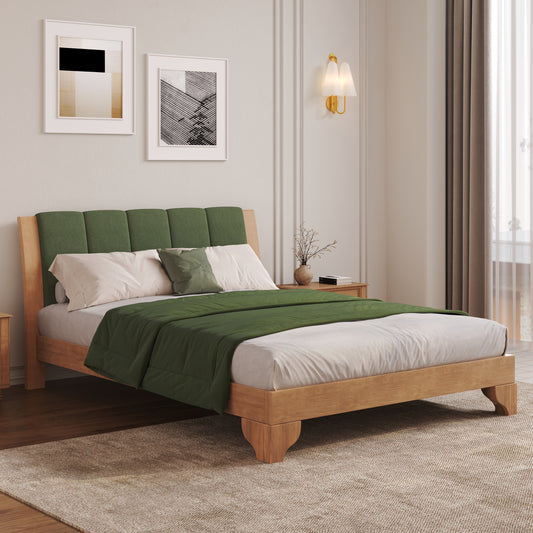 Premium Pine Wood Queen Bed Frame,Queen Size Bed Frame With Headboard Included,Mid Century Modern Bed,Natural&Green Color