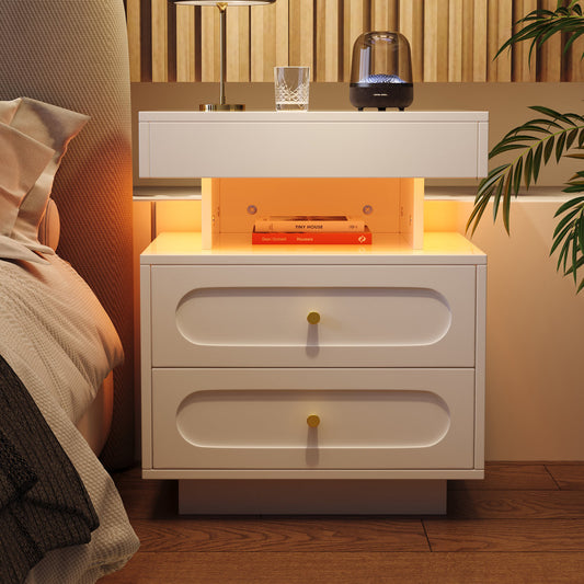 Bedside Table Bedside Cabinet With LED Lighting Bedside Chest Of Drawers With 2 Drawers, 1 Open Storage Room,White, W50 D40 H60 Cm