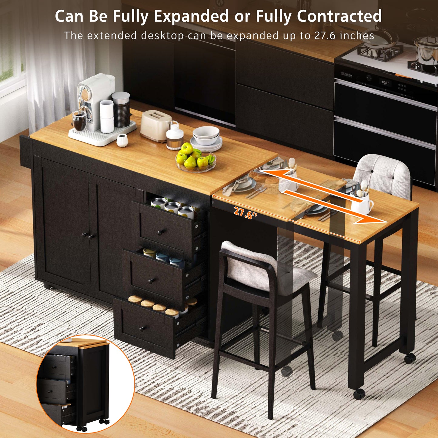 K&K 74.8   Kitchen Island With Extendable Dining Table, Kitchen Storage Cart With 3 Drawers, Power Outlet, Rolling Kitchen Island On Wheels With Spice Rack And 2 Door Cabinet, For Kitchen, Black
