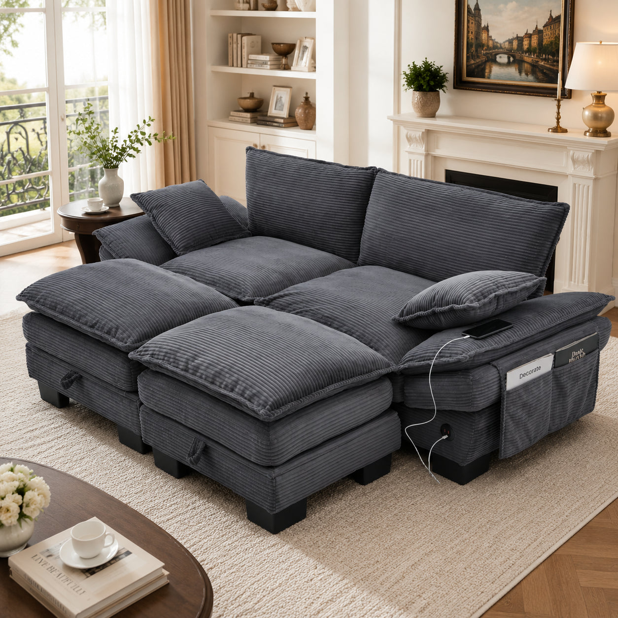 Modular 2-seater Corduroy Sofa  With 2 Stools Wide Seat, Ergonomic Design, High-density Foam Padding, USB-C Port And Side Pockets.Ideal For Living Room, Office Or Lounge.Garkdray