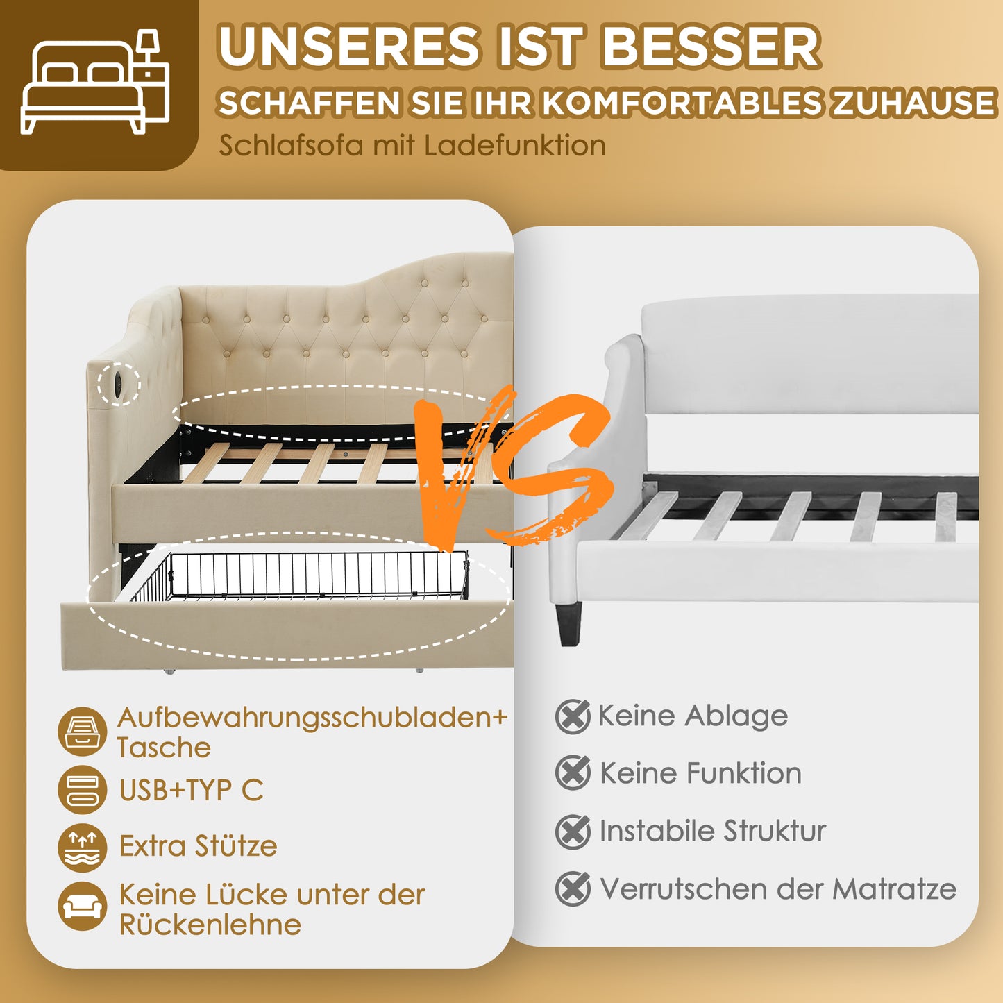 Upholstered Bed Daybed Sofa Bed Storage Beds Bed Frame With USB Type C Charging Function And 2 Drawers 90x200cm Velvet In Beige Velvet  Without Mattress