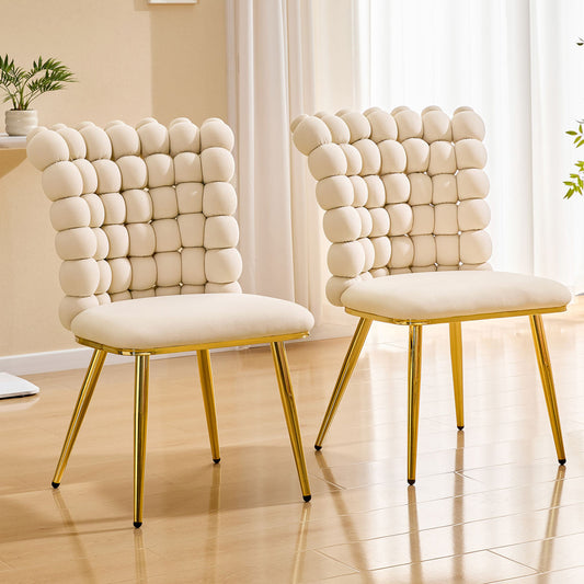 Set Of 2 Luxury Cream Bubble Tufted Swivel Chair, Premium Velvet Upholstered Accent Chair With Gold Metal Frame, Ergonomic Space-Saving Desk Chair For Modern Interiors