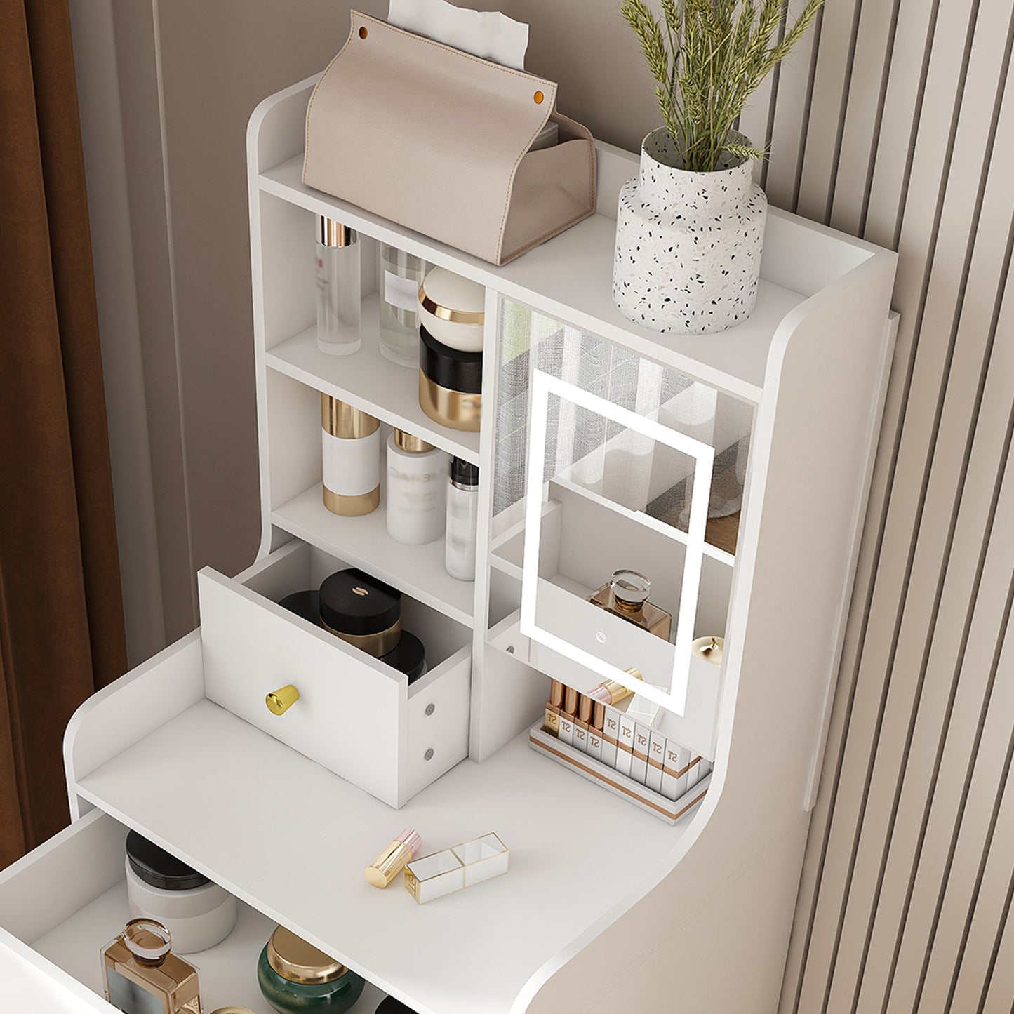 3-in-1 Dressing Table With LED Mirror & Storage Stool - Compact Makeup Vanity With 4 Drawers  Storage Cabinet & Hidden Stool  White Density Board Design  Open Bookshelf For Bedroom Organization