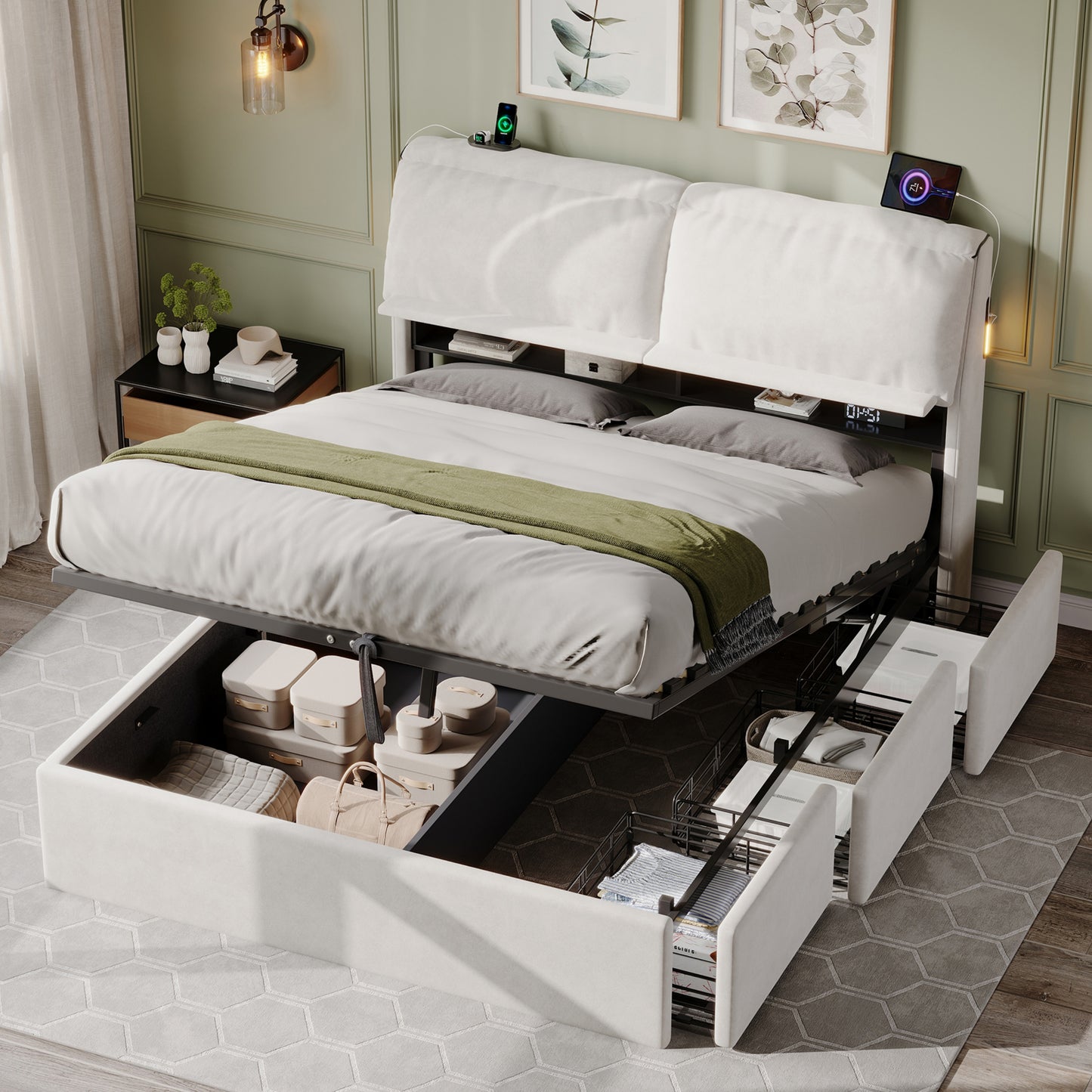 5ft King Bed With Hydraulic Storage, Velvet Upholstered Bed With Headboard Flip-top Storage And Drawers, Back Cushion Headboard With Charging Station And LED Night Light, Cream White  No Mattress