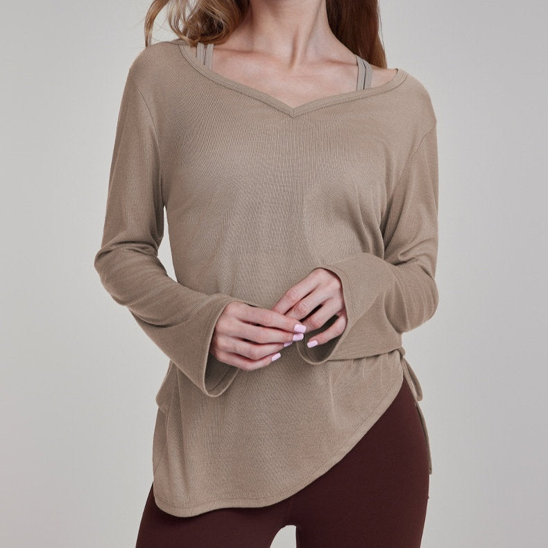 Yoga Blouse Long Sleeve Thigh-length Female Pleated Drawstring
