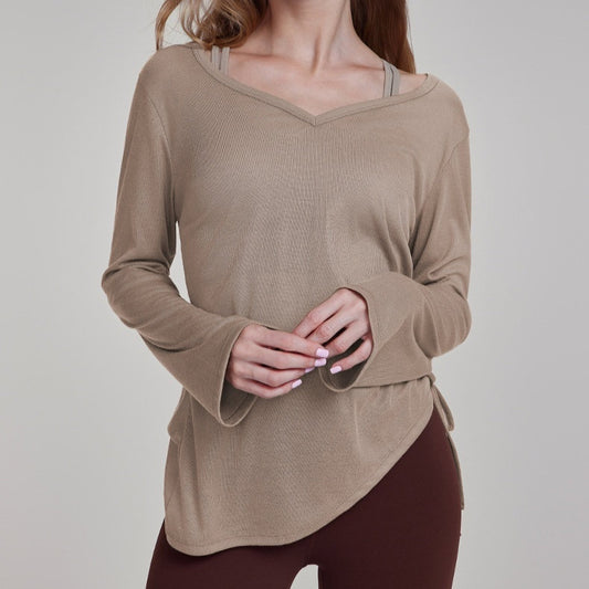 Yoga Blouse Long Sleeve Thigh-length Female Pleated Drawstring