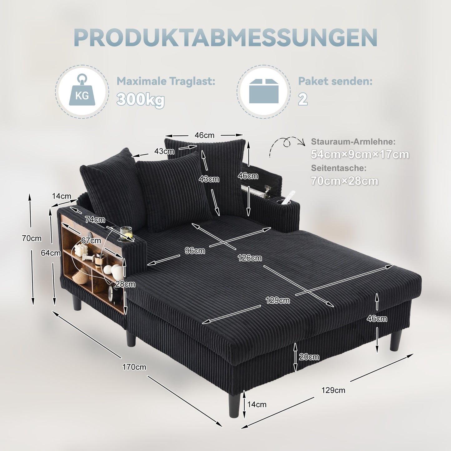 Multifunctional Corduroy Lounge With Chaise Longue With Large Lying Surface, Cup Holders On Both Sides, LED Lighting, Side Pocket, Storage Space, USB Charging Port, Sturdy Plastic Feet  Versatile.