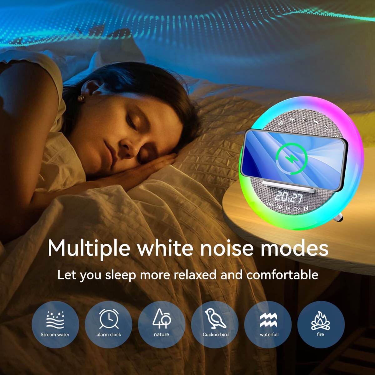 KP-577 Best-Selling Wholesale White Noise Bluetooth Speaker With LED Color Lights Clock Alarm Timer Wireless Charging And Bedside Desktop Functionality
