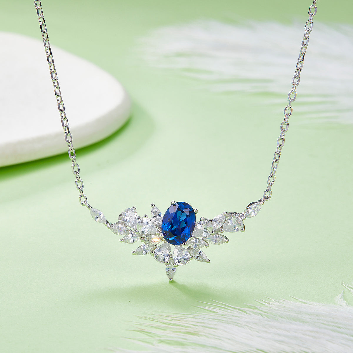 S925 Sterling Silver Lab-Grown Ruby Sapphire Necklace, 8x6mm Oval With Marquise Cluster, Platinum Plated 40&45cm Chain, 5g, Gift Box