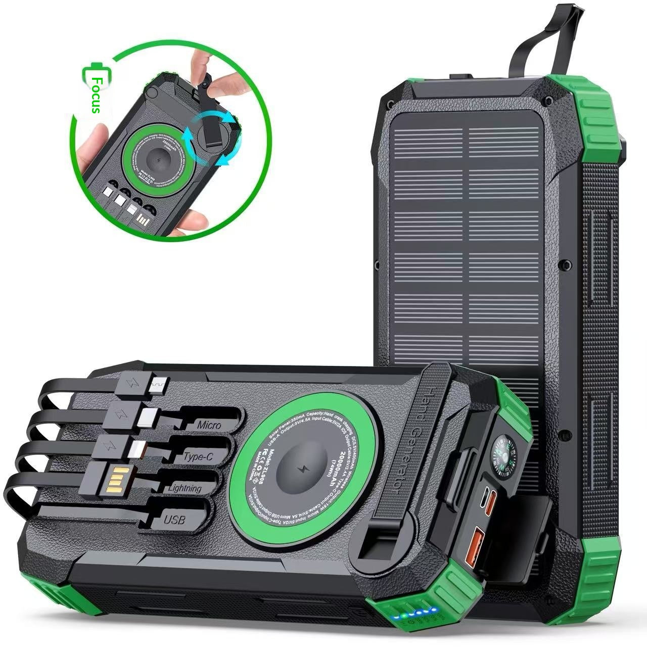 Solar-powered Power Bank With Four Built-in Outdoor Charging Cables