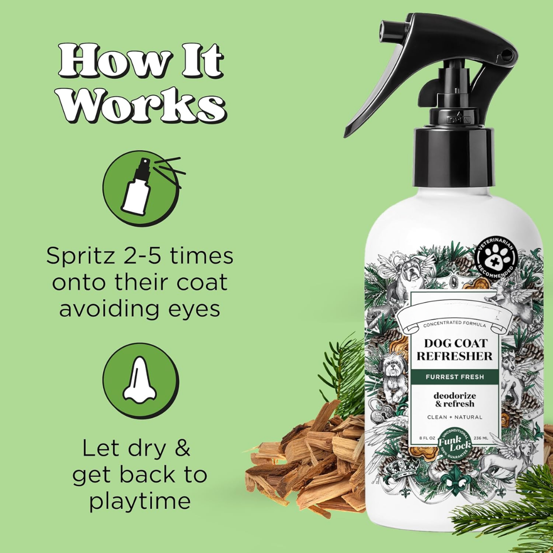 Furrest Fresh Dog Deodorizing Spray, 8 Fl Oz Grooming Perfume For Dog Coat, Pet Odor Neutralizer With Essential Oils, Vet Recommended, Paraben & Sulfate-Free Fir, Amber AND Cedarwood Scent