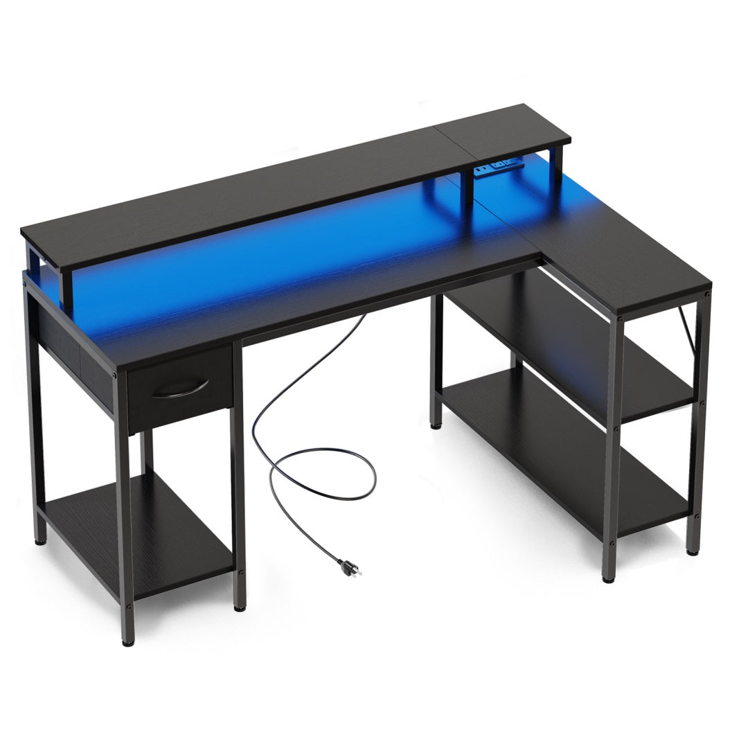 53-inch Gaming Table With USB Charging Port And LED Light, Reversible L-shaped Table With Power Socket And Monitor Stand