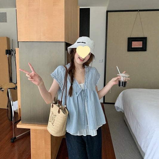 Korean-style Frilly Hem Loose-fit Korean-style Mock Two-piece Short-sleeved Blue